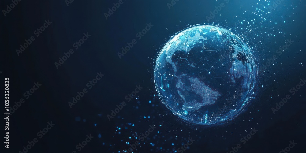 Abstract digital globe with blue glow and particles in dark blue background. Abstract digital globe with blue glow and particles in dark blue background.