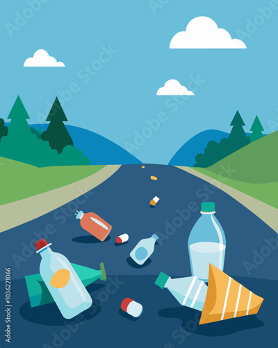 Empty plastic bottles wrappers and bags tered on the side of the road carried by the wind and left behind by careless passersby.. Vector illustration