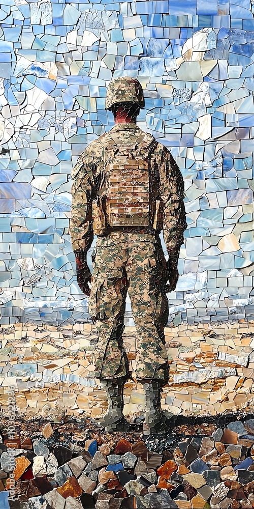 Mosaic frame crafted from fragments of military uniforms and gear, artistic representation, no watermarks Mosaic frame crafted from fragments of military uniforms and gear, artistic representation, no watermarks