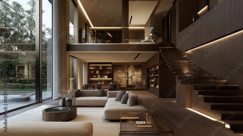 Modern living room with elegant design, large windows, and a staircase. Modern living room with elegant design, large windows, and a staircase.