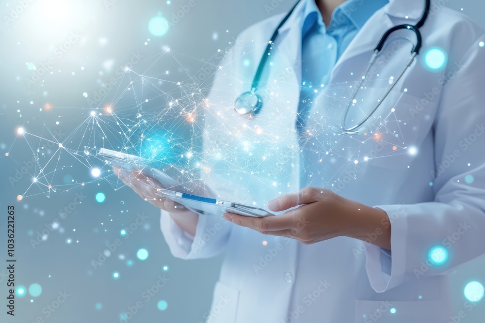 Medical professional in a lab coat engages with digital technology in a healthcare setting during the day Medical professional in a lab coat engages with digital technology in a healthcare setting during the day