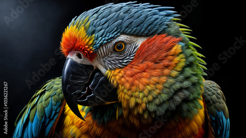 Colorful vibrant close-up portrait of macaw parrot with detailed multicolor feathers and sharp beak on black background for wildlife and nature themes. photo