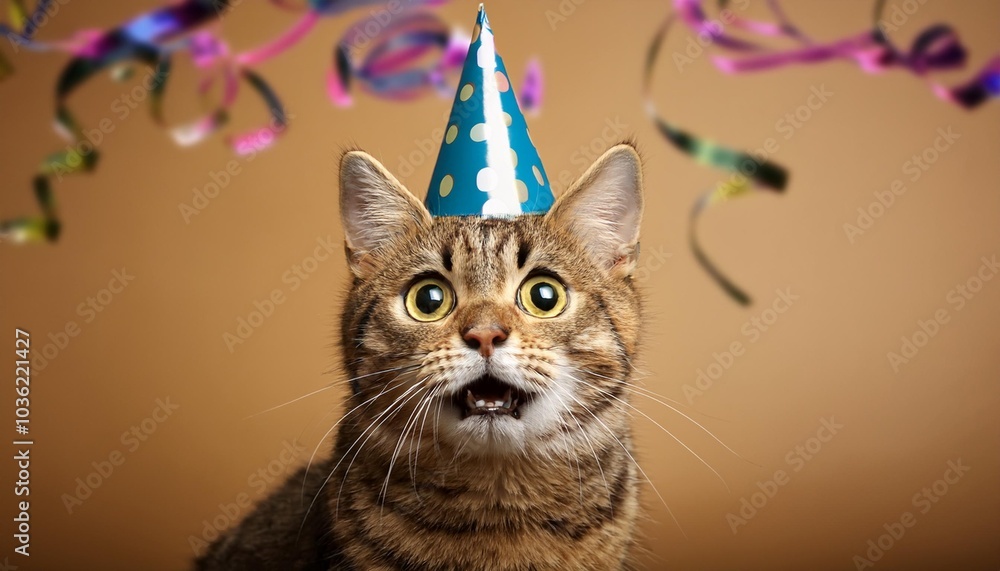 Cat in party hat having a happy surprised expression on face Cat in party hat having a happy surprised expression on face