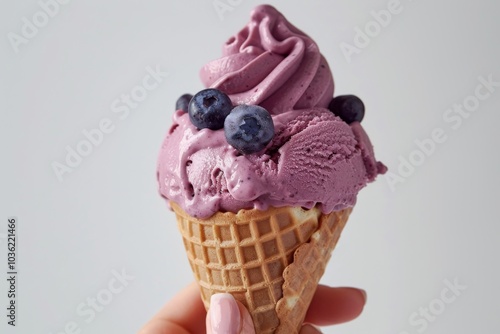 Female hand holding a blueberry basil ice cream cone, white background, showcasing the mix of colors and flavors