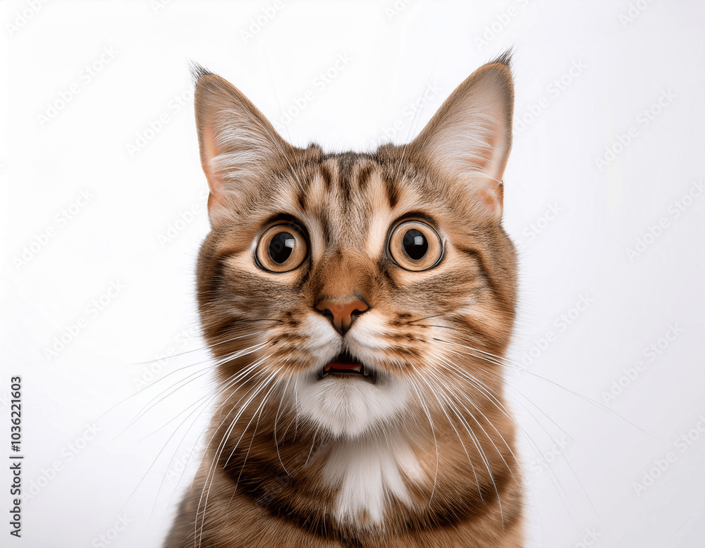 Cat profile making a surprised look on face portrait with neutral white background Cat profile making a surprised look on face portrait with neutral white background