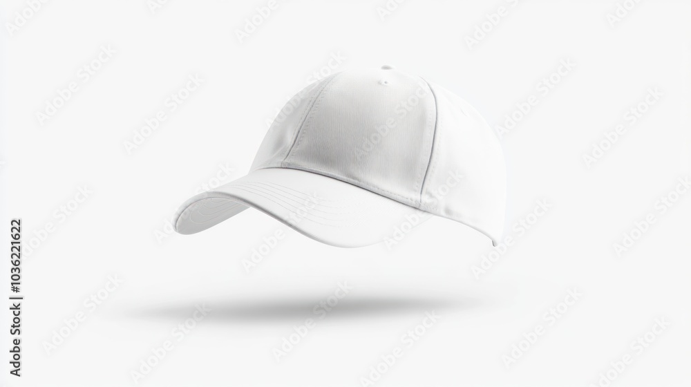 A floating white baseball cap against a minimalistic background. A floating white baseball cap against a minimalistic background.