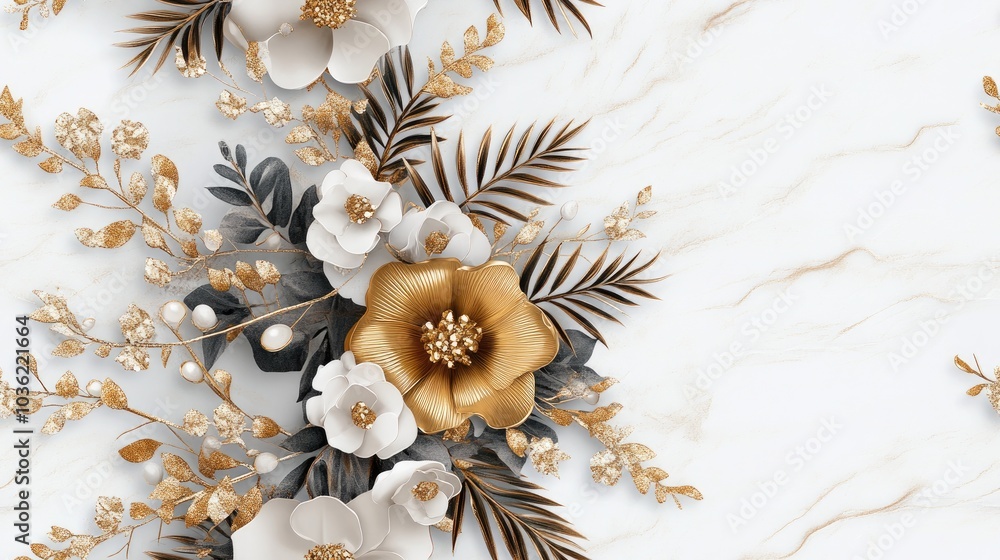 Obraz premium A stylish decor featuring golden flowers and soft waves in a modern interior with a white background and decorative border SEAMLESS PATTERN