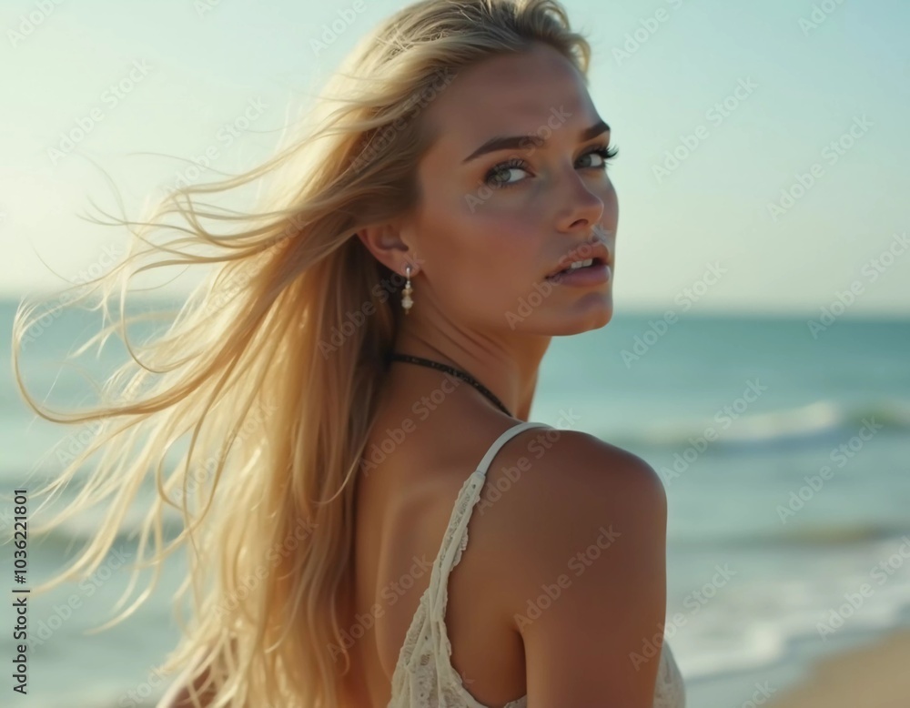 A blond woman in a swimsuit gazes back while standing near the shoreline. Gentle sea waves lap at her feet under a clear blue sky. Long hair, beautiful young face. Travel and clothing adverts. AI A blond woman in a swimsuit gazes back while standing near the shoreline. Gentle sea waves lap at her feet under a clear blue sky. Long hair, beautiful young face. Travel and clothing adverts. AI