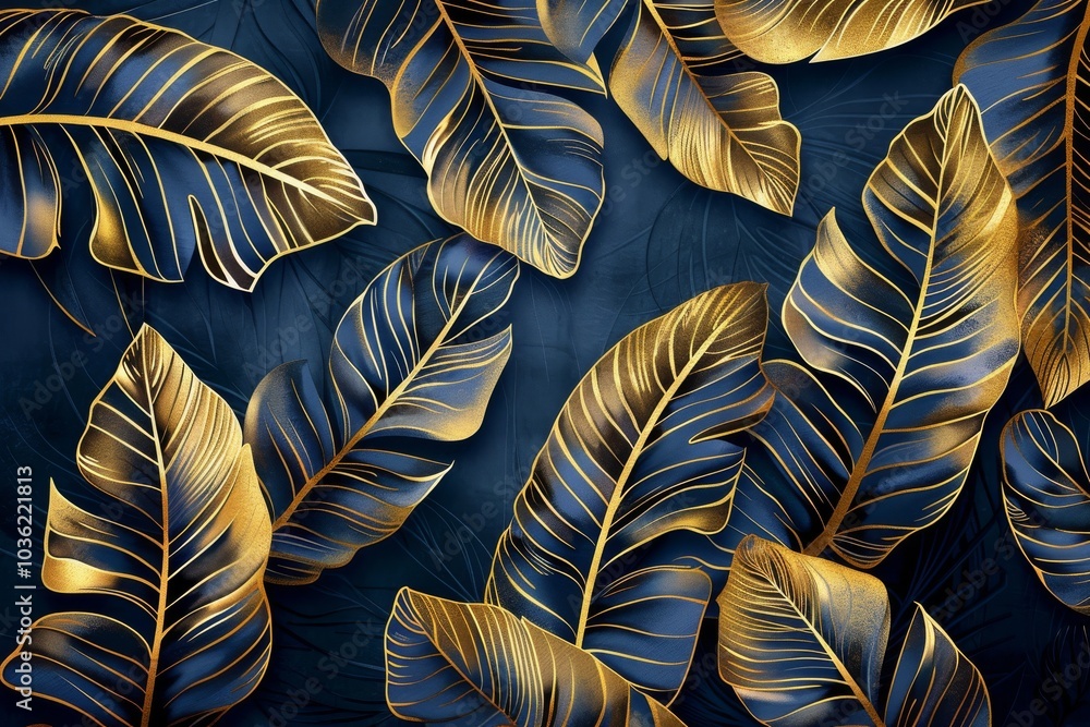 Obraz premium Elegant tropical leaf wallpaper with intricate golden banana leaf line arts and hand-drawn outlines, perfect for luxurious nature patterns in fabric, print, cover, banner, and invitation