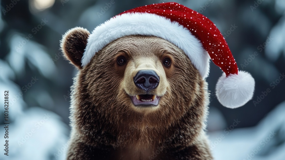 Obraz premium A bear wearing a festive Santa hat in a snowy forest setting.