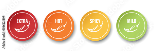 Realistic Vector Round Stickers with Spicy Chili Pepper Icon, Food Spicy Level. Red, Orange, Yellow, Green Jalapeno Pepper Strength Scale Sticker Indicators with Mild, Spicy, Hot and Extra Positions