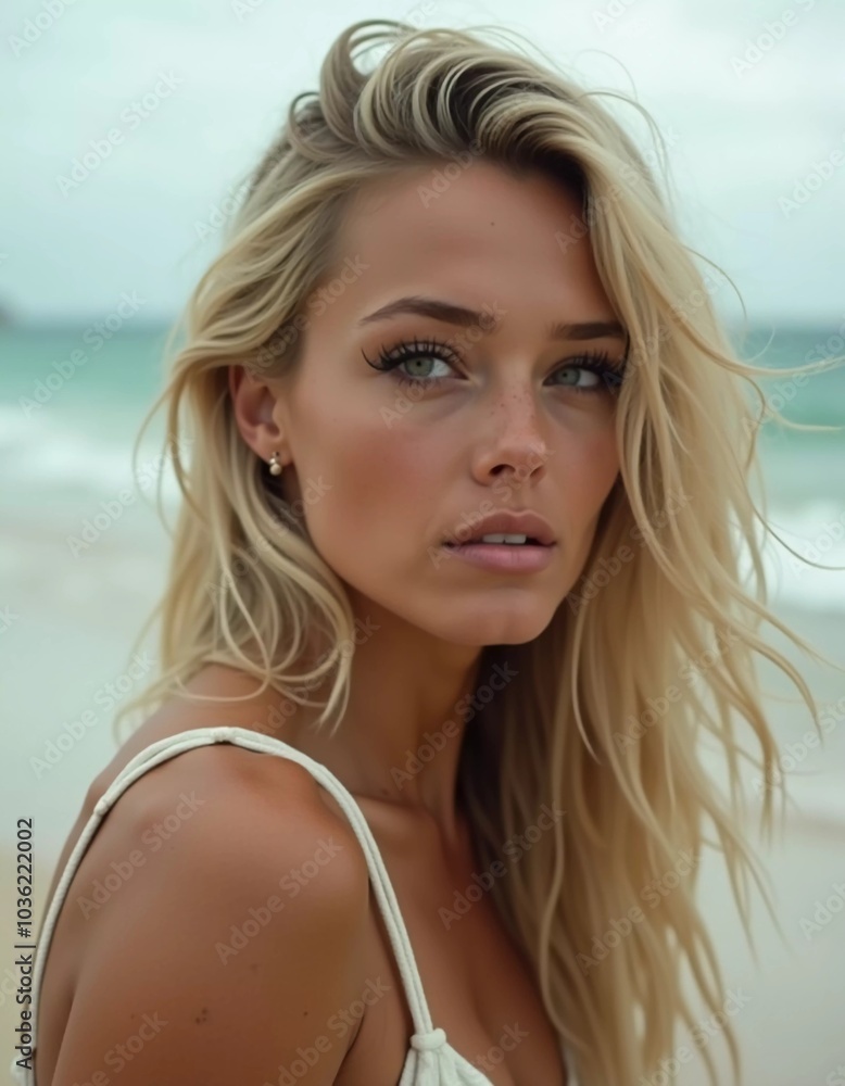 Blonde woman stands by ocean or sea, enjoying sun and surf while wearing a stylish swimsuit, highlighting relaxed beach atmosphere. Beautiful young face. Advertisement for clothes or beach travel. AI Blonde woman stands by ocean or sea, enjoying sun and surf while wearing a stylish swimsuit, highlighting relaxed beach atmosphere. Beautiful young face. Advertisement for clothes or beach travel. AI