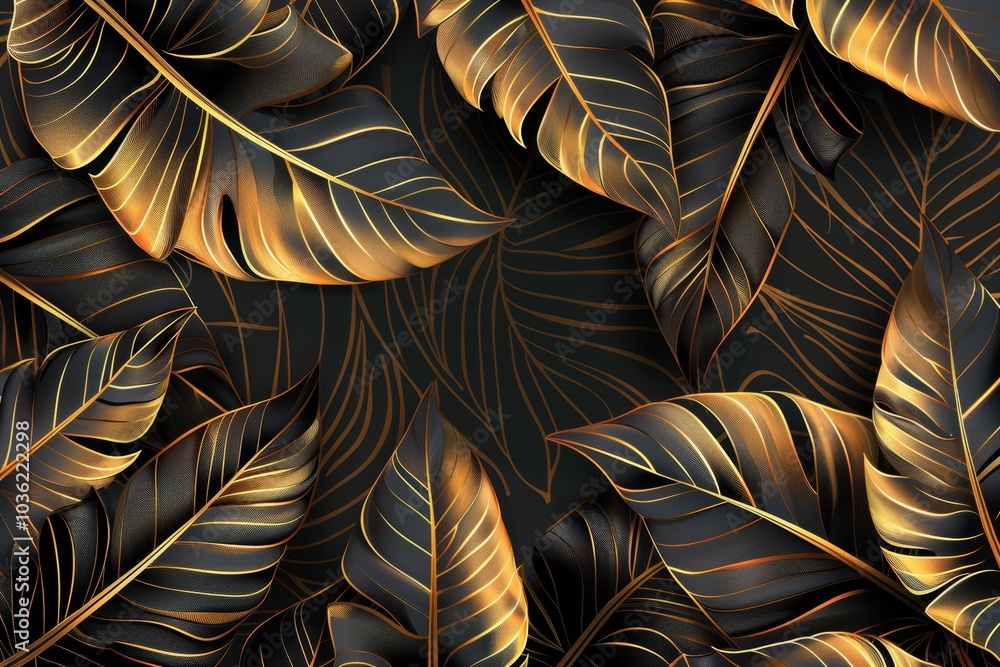 Obraz premium Elegant tropical leaf wallpaper with intricate golden banana leaf line arts and hand-drawn outlines, perfect for luxurious nature patterns in fabric, print, cover, banner, and invitation