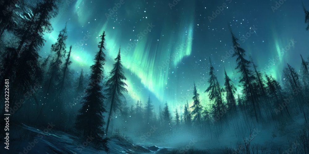 The aurora borealis illuminates a snowy forest at night. The aurora borealis illuminates a snowy forest at night.