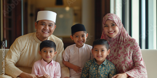 Happy muslim family smiling together on couch photo