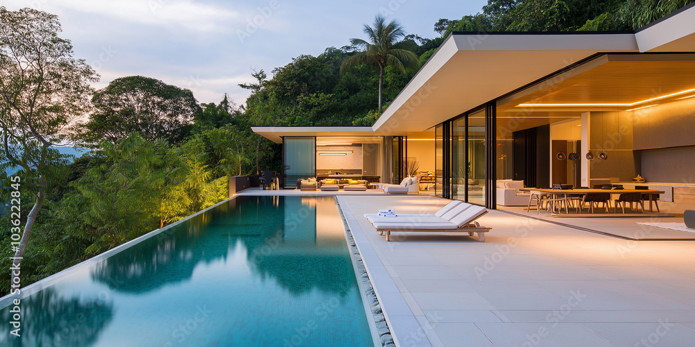 Fototapeta premium Luxurious infinity pool overlooking tropical forest at sunset