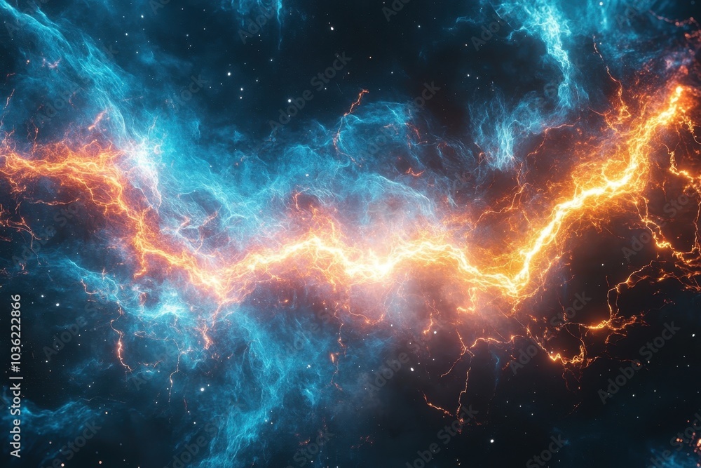 A vibrant cosmic nebula with electric blue and fiery orange streaks in the depths of space A vibrant cosmic nebula with electric blue and fiery orange streaks in the depths of space