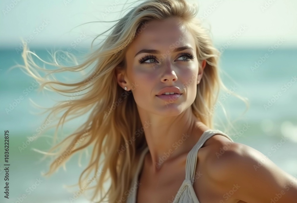 Blonde woman stands by ocean or sea, enjoying sun and surf while wearing a stylish swimsuit, highlighting relaxed beach atmosphere. Beautiful young face. Advertisement for clothes or beach travel. AI Blonde woman stands by ocean or sea, enjoying sun and surf while wearing a stylish swimsuit, highlighting relaxed beach atmosphere. Beautiful young face. Advertisement for clothes or beach travel. AI