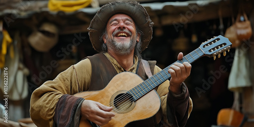 Happy medieval musician playing guitar and singing in front of his shop