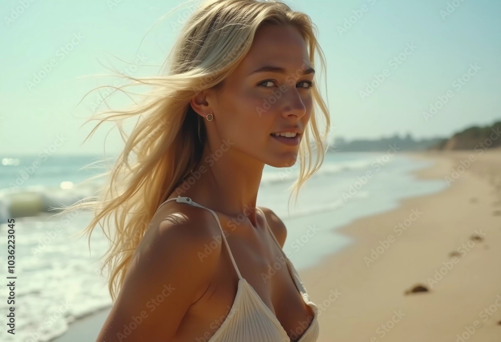 Blonde woman stands by ocean or sea, enjoying sun and surf while wearing a stylish swimsuit, highlighting relaxed beach atmosphere. Beautiful young face. Advertisement for clothes or beach travel. AI Blonde woman stands by ocean or sea, enjoying sun and surf while wearing a stylish swimsuit, highlighting relaxed beach atmosphere. Beautiful young face. Advertisement for clothes or beach travel. AI