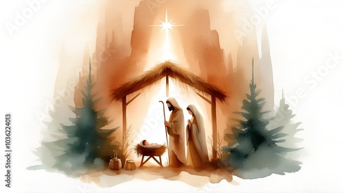 Watercolor minimalist painting representing Nativity scene in Bethlehem. Christmas scene illustration showing holy family baby Jesus in the manger Joseph and Mary. Banner. 