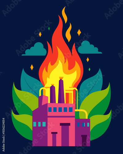 Brightly colored flames dance within the heart of the plants incinerator as the waste is burned at extremely high temperatures. This process releases the energy needed to power. Vector illustration