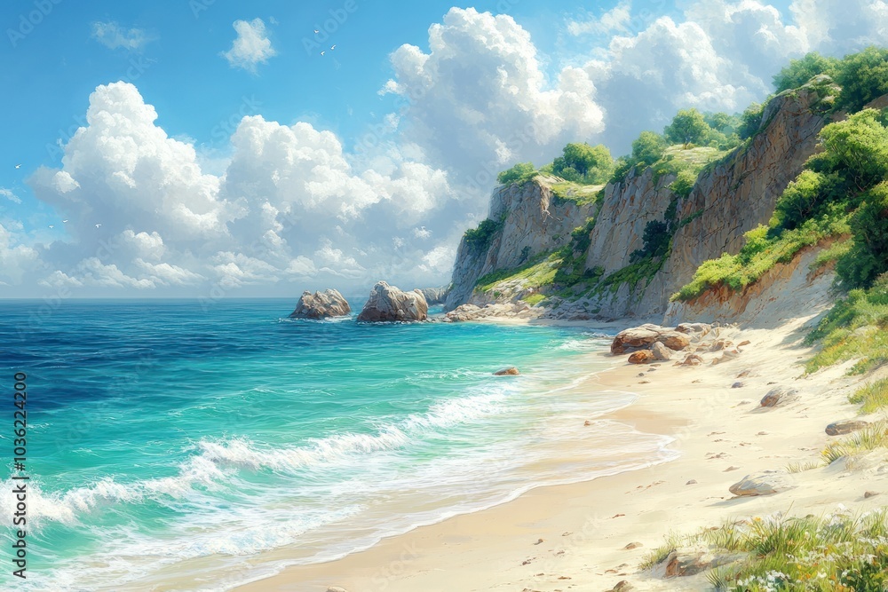 Naklejka premium Serene Coastal Landscape with White Clouds and Turquoise Waters
