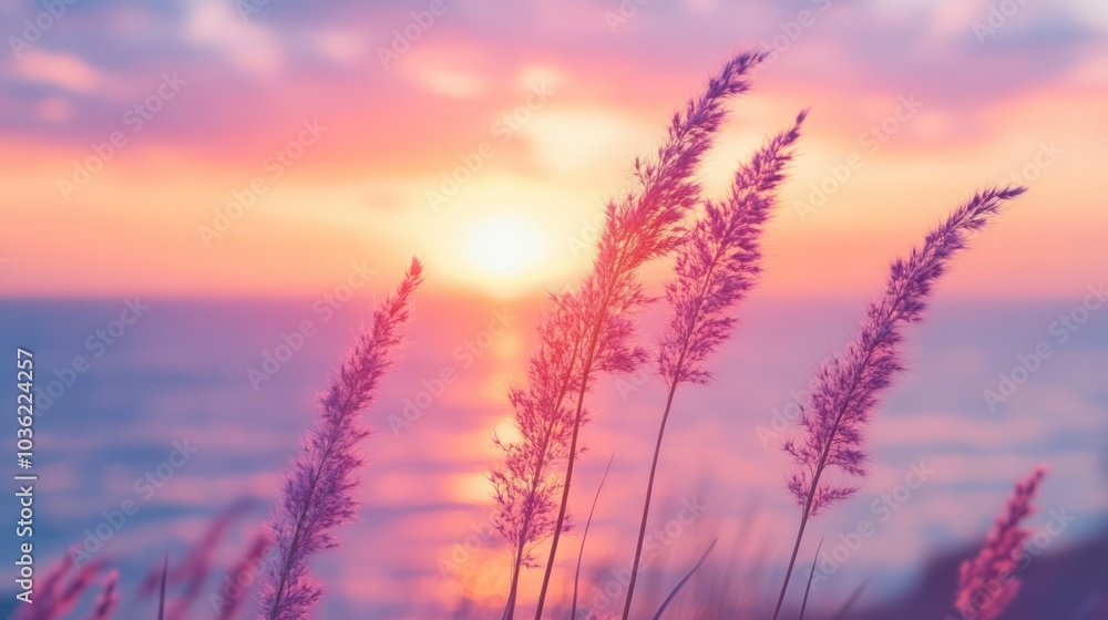 Little grass stalk close-up with sunset over calm sea, sunset over horizon. Pink & purple pastel watercolor soft tones. Beautiful nature background Little grass stalk close-up with sunset over calm sea, sunset over horizon. Pink & purple pastel watercolor soft tones. Beautiful nature background