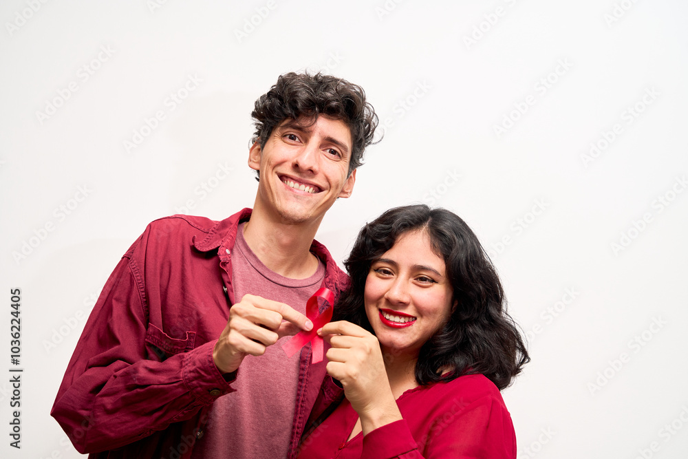 Young Latin couple, holding red ribbon for World AIDS Day Young Latin couple, holding red ribbon for World AIDS Day
