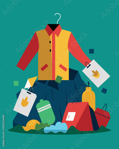 Garments some still with price tags attached hang off the edges of the landfill discarded before they could even be worn once.. Vector illustration