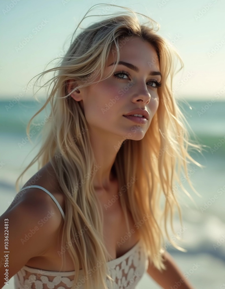 Blonde woman stands by ocean or sea, enjoying sun and surf while wearing a stylish swimsuit, highlighting relaxed beach atmosphere. Beautiful young face. Advertisement for clothes or beach travel. AI Blonde woman stands by ocean or sea, enjoying sun and surf while wearing a stylish swimsuit, highlighting relaxed beach atmosphere. Beautiful young face. Advertisement for clothes or beach travel. AI