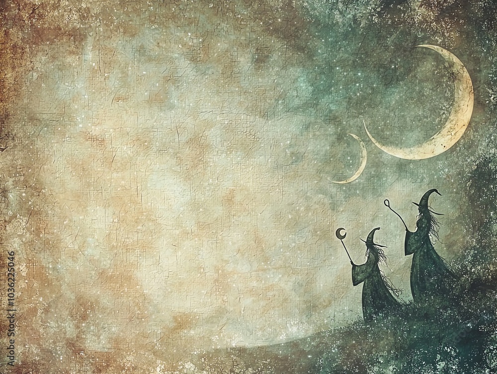 Obraz premium Vintage-inspired frame with delicate witch silhouettes and crescent moons, mystical aura, no copyrighted elements