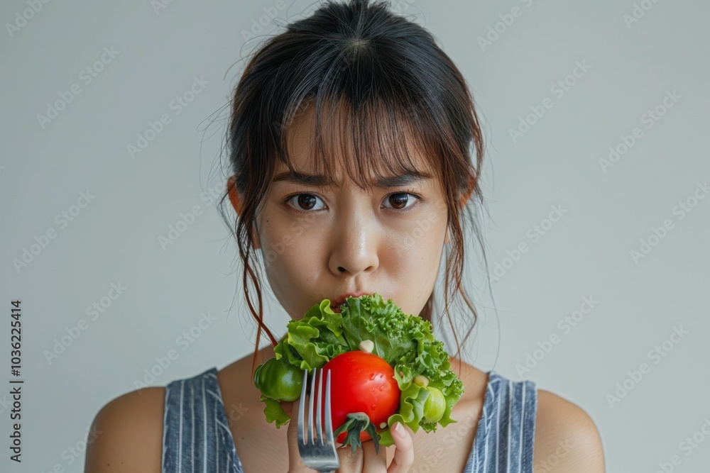 Asian woman on a diet, grimacing at vegetables on her fork, white background Asian woman on a diet, grimacing at vegetables on her fork, white background