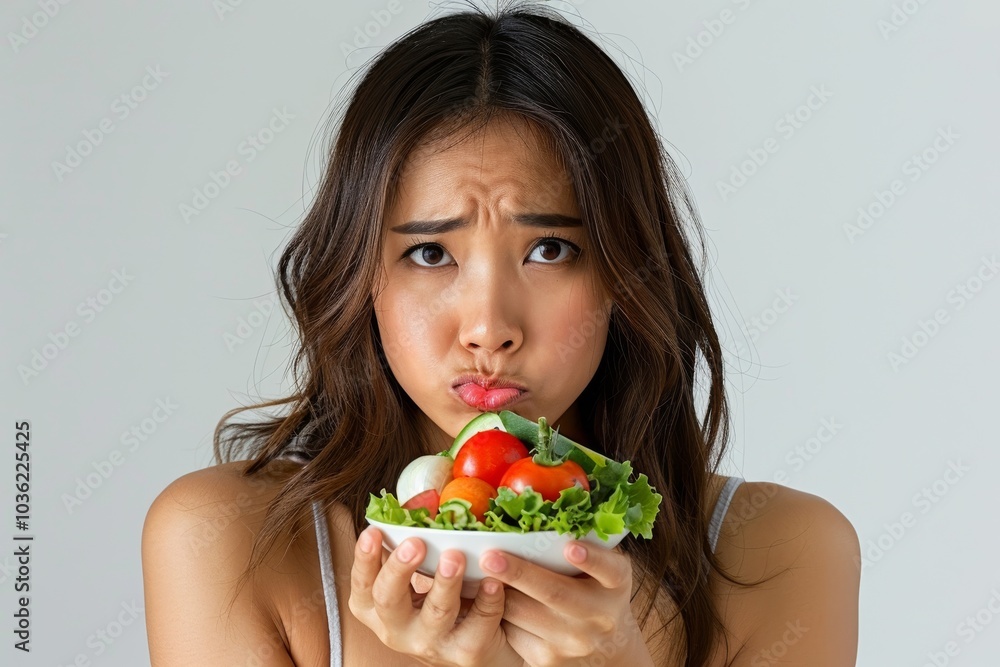 Asian woman on a diet, grimacing at vegetables on her fork, white background Asian woman on a diet, grimacing at vegetables on her fork, white background