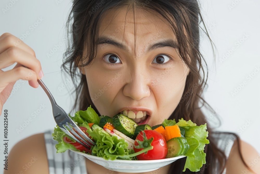 Asian woman on a diet, grimacing at vegetables on her fork, white background Asian woman on a diet, grimacing at vegetables on her fork, white background