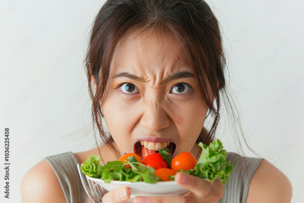 Asian woman on a diet, grimacing at vegetables on her fork, white background Asian woman on a diet, grimacing at vegetables on her fork, white background