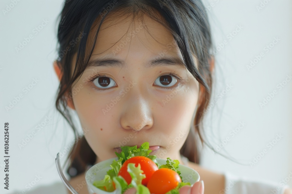 Asian woman on a diet, grimacing at vegetables on her fork, white background Asian woman on a diet, grimacing at vegetables on her fork, white background