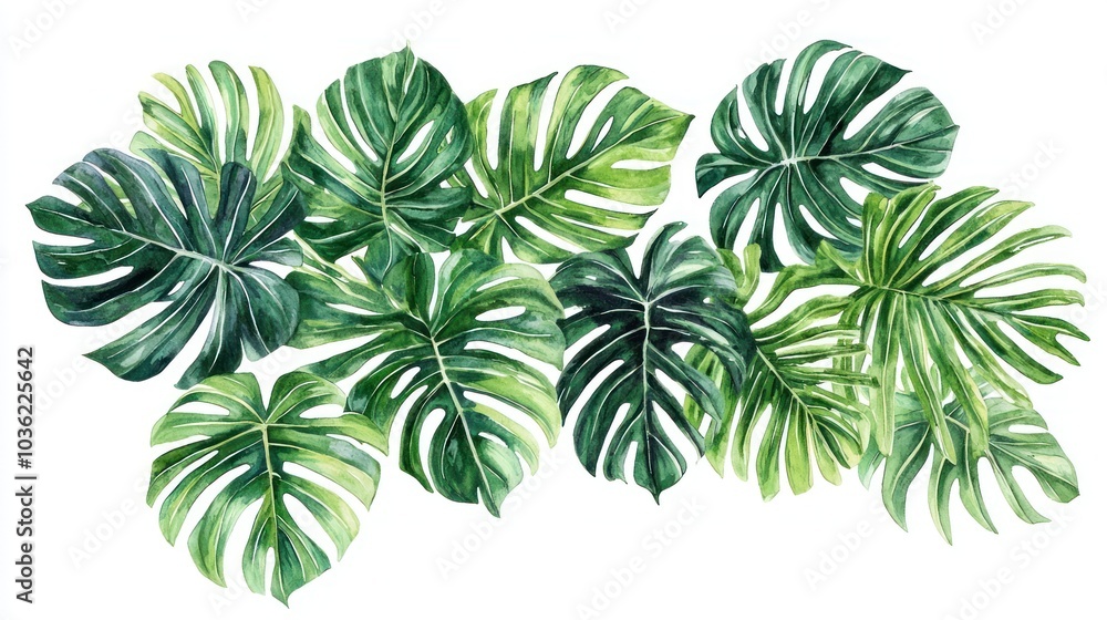 Watercolor Illustration of Green Tropical Leaves Watercolor Illustration of Green Tropical Leaves