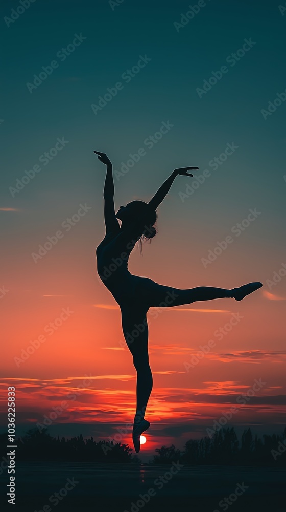 Silhouette of a ballerina in a graceful arabesque, emotional dance pose against a sunset sky, no watermarks Silhouette of a ballerina in a graceful arabesque, emotional dance pose against a sunset sky, no watermarks