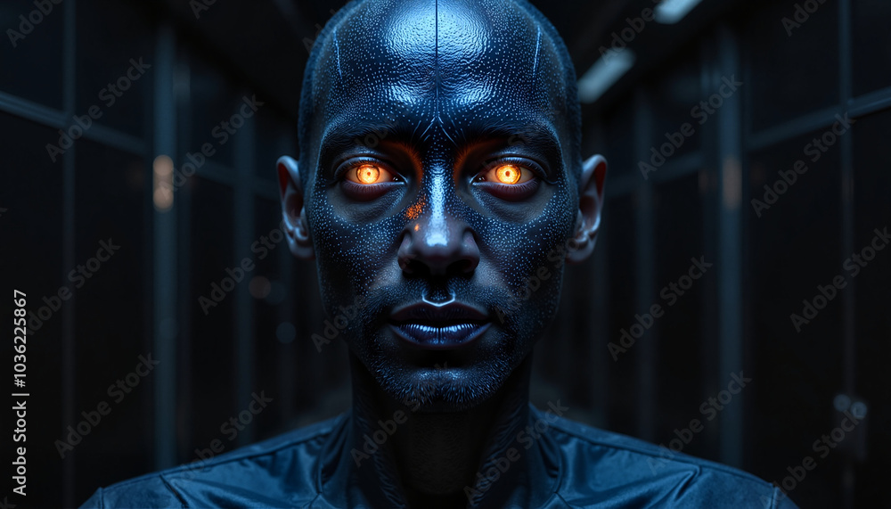 Stylized AI face made of polygons with glowing eyes, merging humanity and technology in a dark environment Stylized AI face made of polygons with glowing eyes, merging humanity and technology in a dark environment