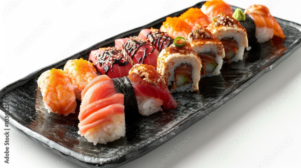 Close-up of assorted sushi including nigiri and maki on a modern black plate, isolated on a clean white backdrop Close-up of assorted sushi including nigiri and maki on a modern black plate, isolated on a clean white backdrop