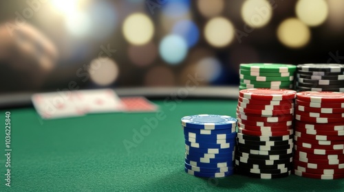 Poker chips stacked on a green felt table with blurred background lights.