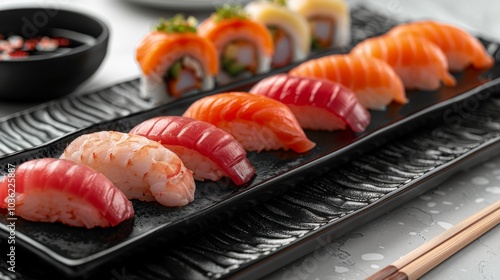 Close-up of assorted sushi including nigiri and maki on a modern black plate, isolated on a clean white backdrop