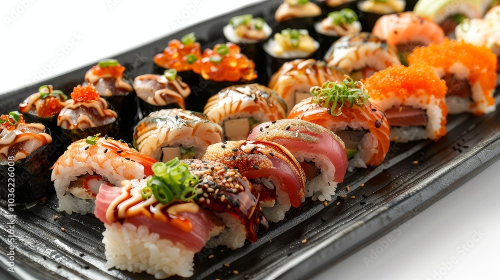 Close-up of assorted sushi including nigiri and maki on a modern black plate, isolated on a clean white backdrop Close-up of assorted sushi including nigiri and maki on a modern black plate, isolated on a clean white backdrop