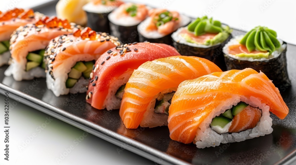 Close-up of assorted sushi including nigiri and maki on a modern black plate, isolated on a clean white backdrop Close-up of assorted sushi including nigiri and maki on a modern black plate, isolated on a clean white backdrop