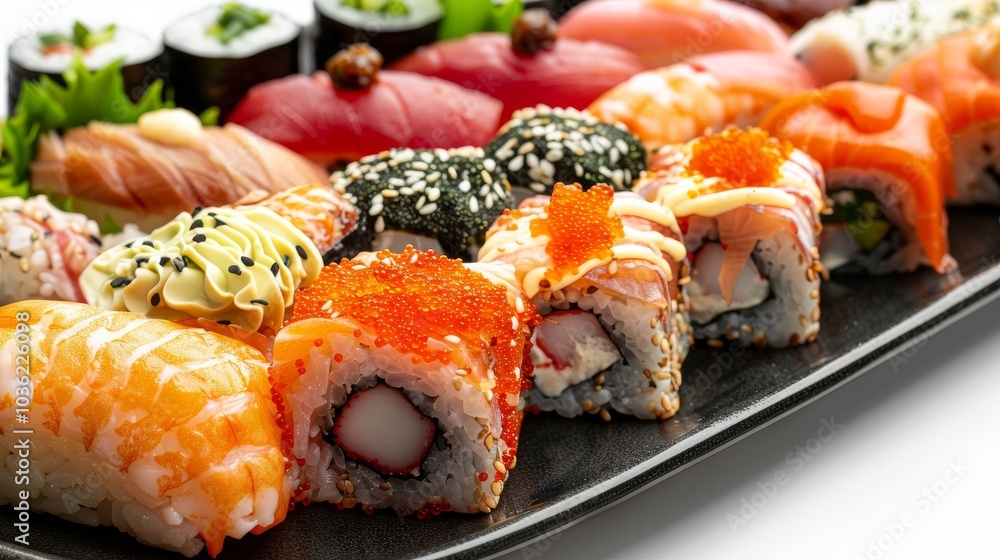 Close-up of assorted sushi including nigiri and maki on a modern black plate, isolated on a clean white backdrop Close-up of assorted sushi including nigiri and maki on a modern black plate, isolated on a clean white backdrop
