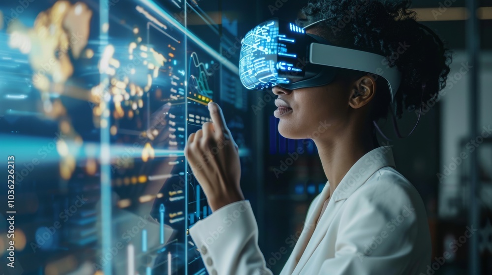 Professional interacting with a futuristic AR interface in an office, headset-equipped, for marketing management Professional interacting with a futuristic AR interface in an office, headset-equipped, for marketing management