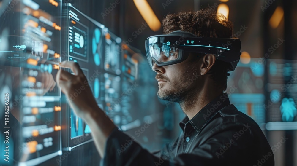 Professional interacting with a futuristic AR interface in an office, headset-equipped, for marketing management Professional interacting with a futuristic AR interface in an office, headset-equipped, for marketing management