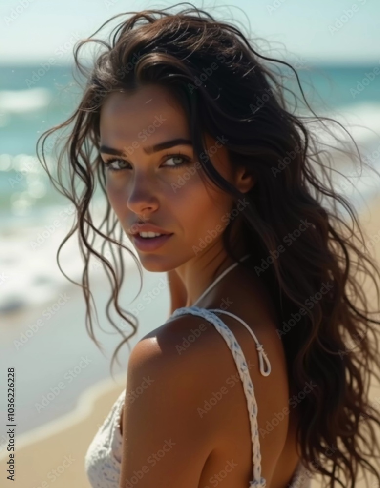 A brunette woman in a swimsuit gazes back while standing near the shoreline. Gentle sea waves lap at her feet under a clear blue sky. Long hair, beautiful young face. Travel and clothing adverts. AI A brunette woman in a swimsuit gazes back while standing near the shoreline. Gentle sea waves lap at her feet under a clear blue sky. Long hair, beautiful young face. Travel and clothing adverts. AI