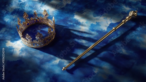 Elegant crown and scepter on blue background photo